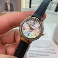Elegant ladies quartz watch with rainbow dial, gold rhinestone case and black leather strap - Black