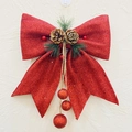 Large red glitter Christmas bow with pine cones and hanging ornaments for tree decor - Large With Balls / Red