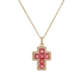 Gold cross necklace featuring pink square zircon stones and clear halo crystals - Rose Red