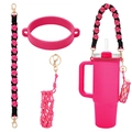 Pink Stanley style cup with floral charm, woven strap and silicone ring accessory set - K68936 Rose Red Set