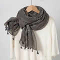 Dark grey cotton linen scarf featuring white cross embroidery and fringe details - Dark Gray