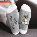 Cotton Christmas crew socks with snowman print and Christmas Cheer text on gray knit fabric - One Size / Snowman Letter Grey White