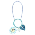 Detailed view of beaded keychain with evil eye heart pendant and shell flower charm - Light Blue Bead Rose Heart Style (BE1644BU03)