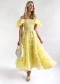 Detail of yellow off-shoulder tiered dress with puff sleeves and plaid textured fabric - Light Yellow
