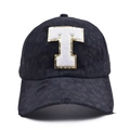 Detail of black trucker hat featuring plush letter T with gold sequins and distressed mesh - Letter T Style (T-漏洞马尾棒球帽)