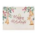 Close-up of linen Christmas placemat featuring green leaves, red berries and holiday bells - Pattern CD090-13