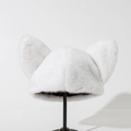 Detailed view of plush white cat ear hat crafted from soft faux fur on a display stand - M(56-58cm) / White