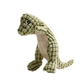 Detailed close-up of green plush dinosaur dog toy with corn fleece texture and beige belly - Dinosaur Green