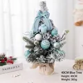Flocked pink 40cm mini Christmas tree with blue bows, ornaments and burlap base - No Light Version / 40CM / Blue