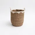 Handwoven straw storage basket with white fringe trim and handles for home organization - Cylindrical Medium / Diameter 36cm x Height 38cm