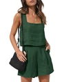 Ensemble 2 pièces pour femmes en lin avec haut sans manches et short à jambes larges en vert foncé - S / Vert Foncé