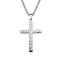 Close-up of stainless steel cross pendant with American flag stars and stripes pattern - Plain Style - With Chain / Silver