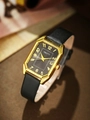 Women's quartz watch with gold hexagonal case and black leather strap in elegant style - Black Watch Only
