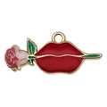 Colgante DIY de aleación con labio rojo y rosa rosada con bordes dorados para joyería - 13x30mm / Labios Rojos Mordiendo una Rosa