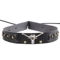 Retro black leather choker featuring a silver bull head pendant and bronze rivets - 10-Black Studded Bull Head