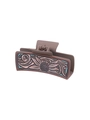 Brown leather textured square hair claw clip with sunflower pattern and turquoise studs - Brown Sunflower Embossing Blue Dot (90073)