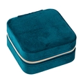 Portable teal velvet jewelry organizer box with gold zipper closure for travel - Blue
