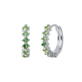 Detailed view of silver huggie earrings with five brilliant green cubic zirconia stones - Silver Metal/Green Zirconia