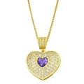 Golden heart pendant necklace with purple gemstone and zircon pavé on a box chain - Gold Heart Purple Gemstone Box Chain
