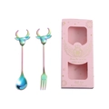Rainbow stainless steel bull head spoon and fork gift set in pink packaging - Rainbow Spoon Fork Set + Pink Box