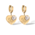 Gold plated titanium steel heart earrings with pearl inlay and tree of life pattern - Gold