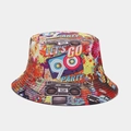 Detail of retro 90s party bucket hat with graffiti disco prints and vibrant colorful patterns - M (56-58cm) / Street Hip Hop Style 5# (5#色)
