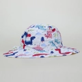 Dettaglio cappello da sole in cotone bianco con stampe di dinosauri colorati - Dinosauro Colorato Bianco