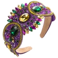 Détails du serre-tête baroque avec cristaux violets émeraudes et perles dorées - Strass Multicolore Style Royal Vintage (FG876-Violet Vert Jaune)