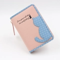 Detalle de la cartera de cuero PU rosa y azul con estampado de gato y lunares blancos - Estilo Corto / Rosa