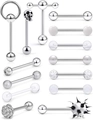 14-piece silver stainless steel tongue rings set with crystal and skull barbell ends - Silver Jewelry Set