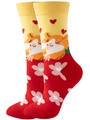 Detail of knitted cotton socks with hamster pattern and vibrant red and yellow stripes - EU 36-42 / Flower Marmot