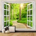 Detailed close-up of 3D window forest landscape tapestry on interior home wall - Sunny Forest Path (GT805-15) - Brushed Fabric / 73X95CM