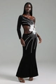 Detail of elegant black velvet one-shoulder evening gown with pearls and floral decor - S / Black