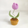 Handmade purple crochet tulip potted plant with green leaves and brown pot ornament - Fuchsia Tulip Potted Plant Finished