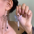 Long butterfly drop earrings featuring artistic calligraphy on transparent wings - Calligraphy Butterfly Earrings (Z-576)