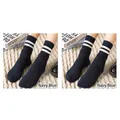 Navy blue cotton knee-high socks with white stripes in academic preppy style - Double Stripe Socks (Navy)