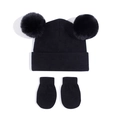 Détail du bonnet en tricot noir pour bébé avec double pompon et mitaines assorties - Taille S (3-18 Mois) / Noir