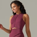 Seamless wine red yoga set featuring ribbed zipper vest and high waist leggings - Vest - Burgundy