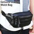 Black genuine leather waist bag with multiple zippers and adjustable buckle strap - Black