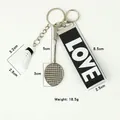 Badminton themed keychain set with white shuttlecock, silver racket and LOVE nylon strap - Badminton Braided Rope White Style