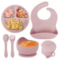 Pink 6-piece baby silicone feeding set with bib, suction bowl, plate, cup, and spoon fork - 6-Piece Set with Full Silicone Cutlery / Lotus root pink