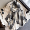 Classic grey and white checkered cashmere scarf with fringe drapes over white knit sweater - Grey & White Plaid (WT66-3)