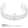 Silver multi-layer stainless steel open cuff bracelet with artificial pearls and wavy design - Silver (SZ143)