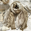 Striped khaki and beige cotton linen scarf with tassel fringe on a rustic display - Solid Khaki