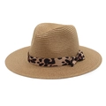 Chapeau de paille Panama à bord large avec ruban léopard et nœud latéral élégant - M (56-58cm) / Kaki