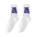 White crew socks featuring purple YOU LOOK CUTE graffiti text and a smiley face - One Size (Plus Size) / YOU LOOK CUTE Graffiti / White No.09