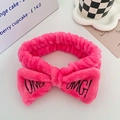 Rose pink plush OMG! bow headband in soft coral fleece for face washing and spa - Rose Red