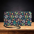 Long leather wallet with colorful sugar skull and floral pattern on wooden background - Day of the Dead Painted Skull Print-Black
