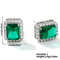 Detailed macro view of emerald green square stud earrings with size and weight specs - Emerald Green Rectangle Style (E01049G-1)