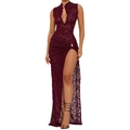 Elegant burgundy sleeveless lace dress with slimming fit and high slit design - S / Burgundy